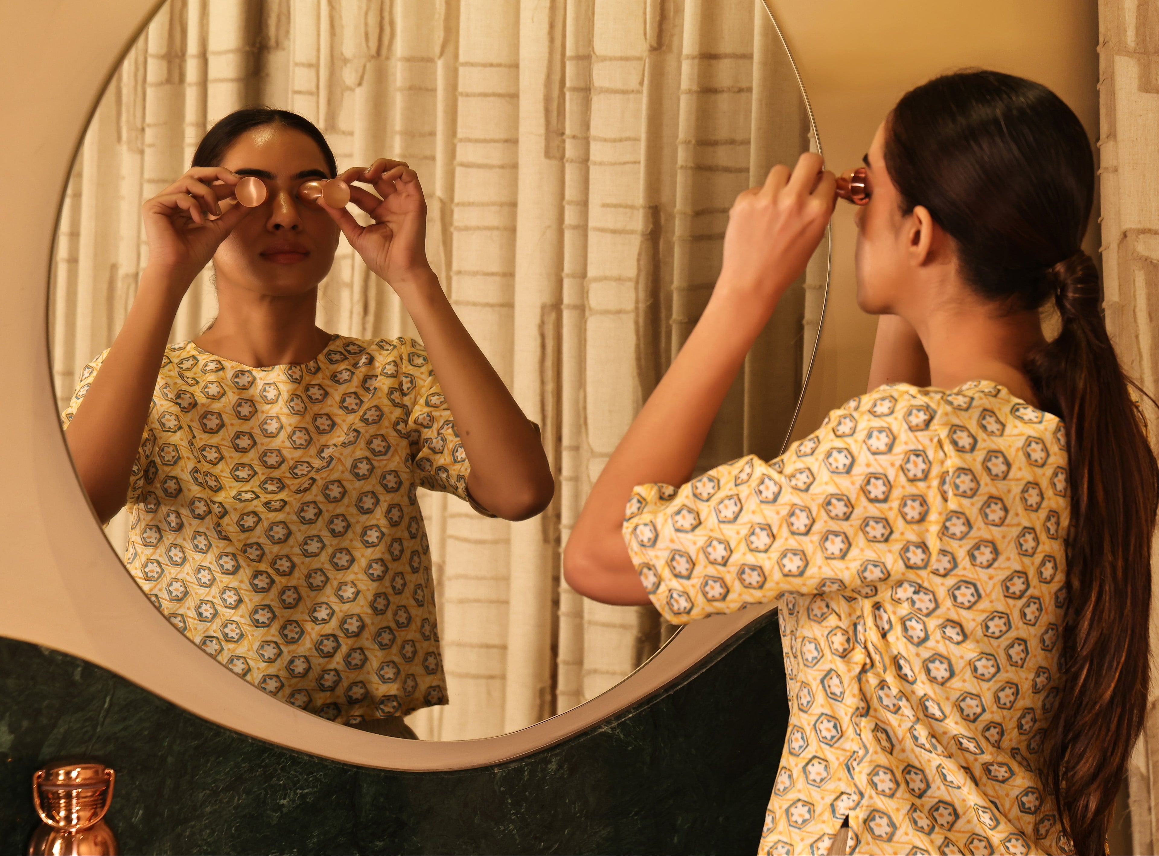 Art of Vedas How to Use Copper Eye Cups - Woman Applying Ayurvedic Copper Eye Wash for Eye Cleansing and Vision Care