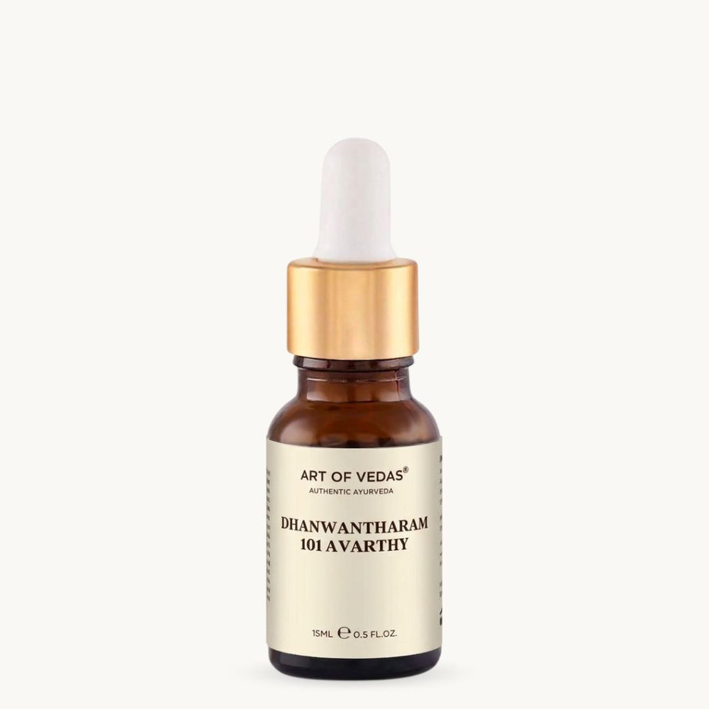Art of Vedas Dhanwantharam 101 Avarthy 15ml, klasični ajurvedski Thailam v pripravi 101 Avarthy, tradicionalno uporabljen za Abhyanga masažo